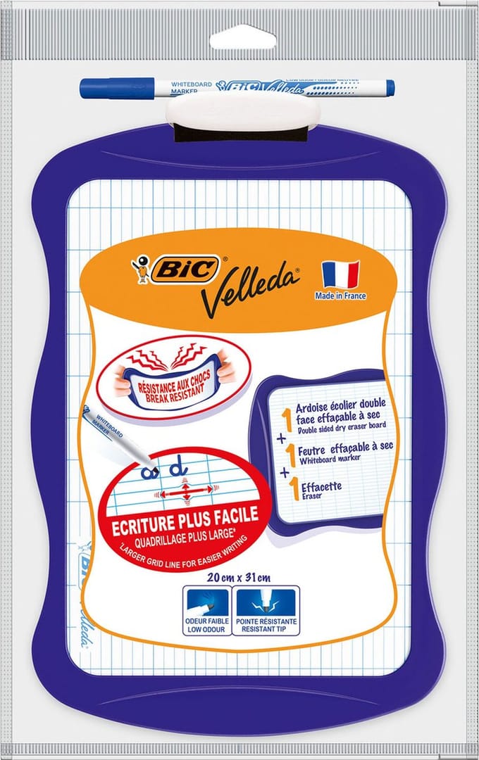 BIC Velleda Double-Sided Dry Erase Board (21 x 31 cm) with Whiteboard Marker and Eraser - Assorted Frame Colours Pack of 1