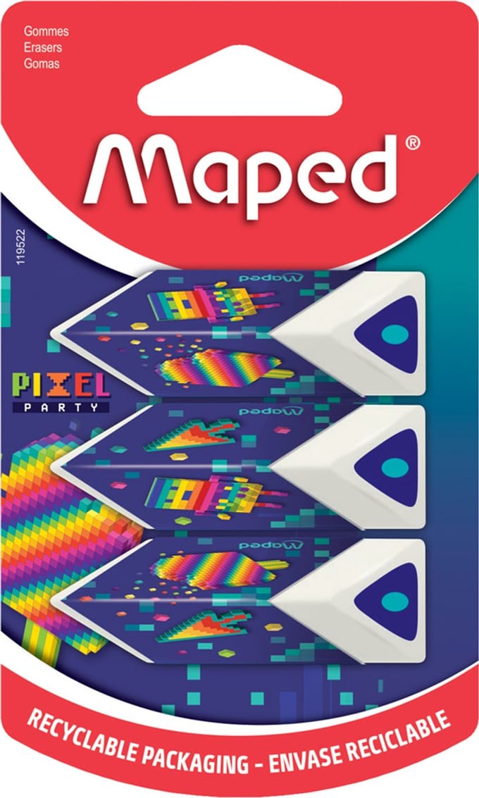 Maped gummen driehoekig Pixel Party, wit, 3 stuks
