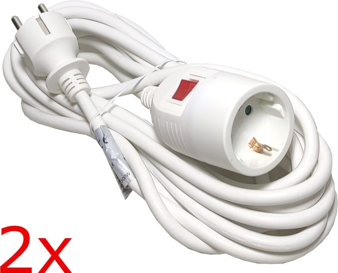 2X RA Verlengsnoer Schakelaar 5 Meter wit Verlengkabel 3X1.5mm met randaarde
