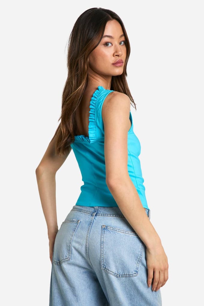 boohoo Dames Lange Bengaline Naaddetail Top met Vetersluiting | Turquoise | Maat: 42