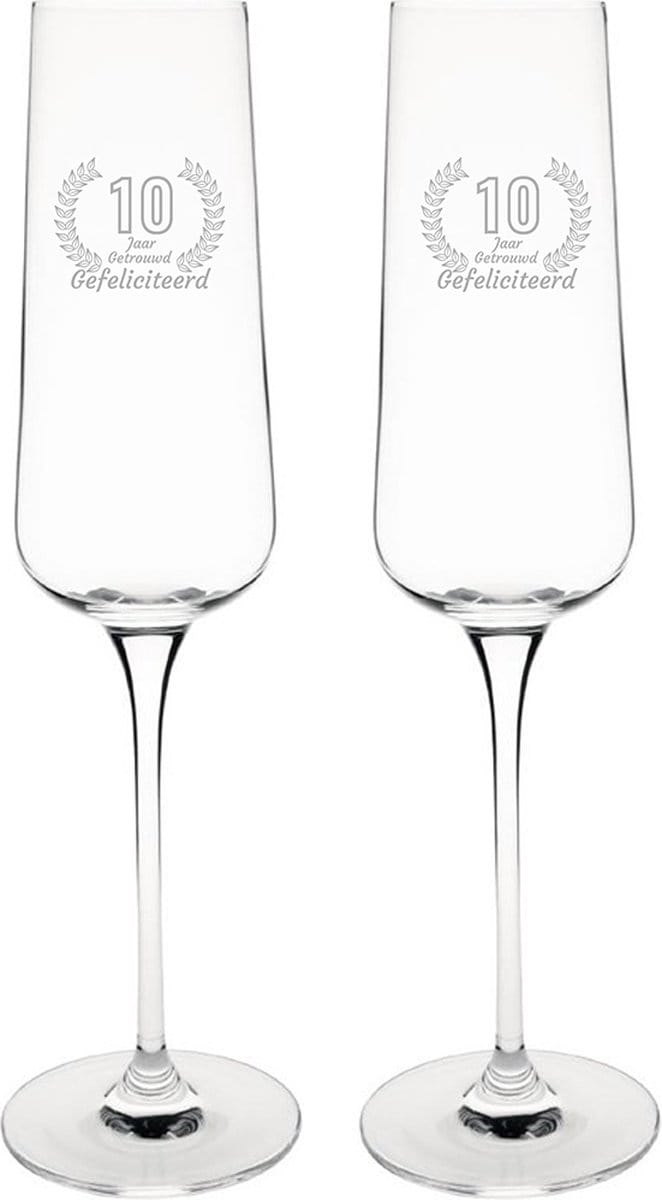 Gegraveerde set champagneglazen 27cl Gefeliciteerd 10 jaar getrouwd