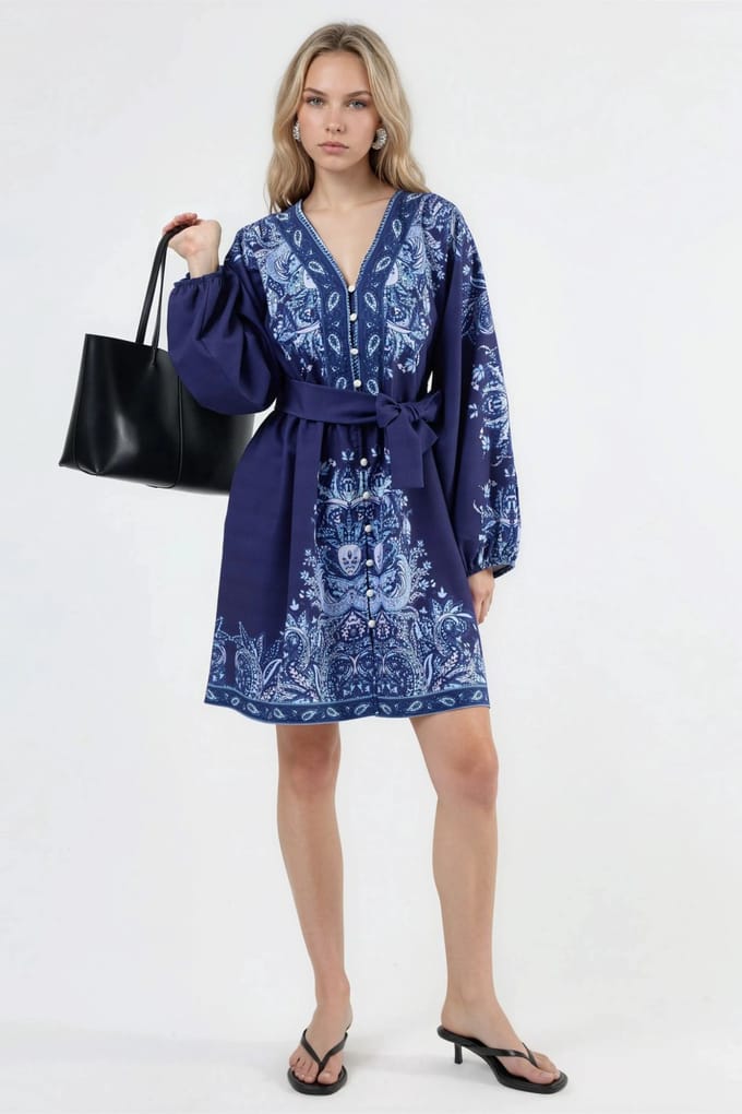Gestrikt Mini-Jurk met V-hals in Paisley
