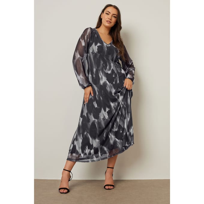 Yours Maxijurk Van Mesh Met Abstracte Luipaardprint En Lange Mouwen In Grijs Size 46