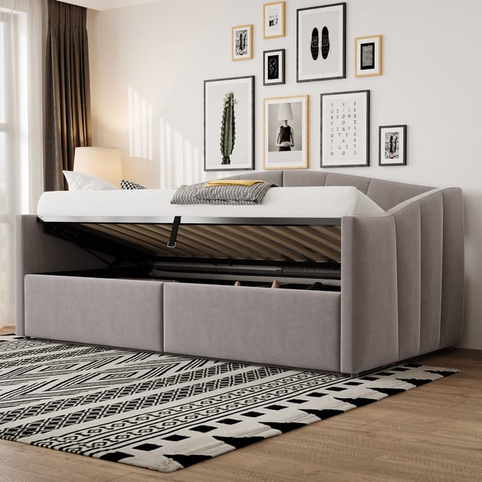 REDOM Bedbank – 90x200 cm – Met hydraulische opbergruimte – Fluweel – Lichtgrijs