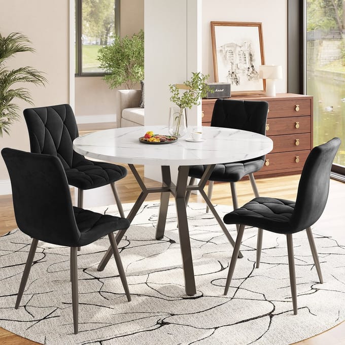 REDOM - 5-Delige Eethoek - Ronde Eettafel En 4 Ergonomische Stoelen - Modern - Eetkamer - MDF En Staal - Zwart/Wit
