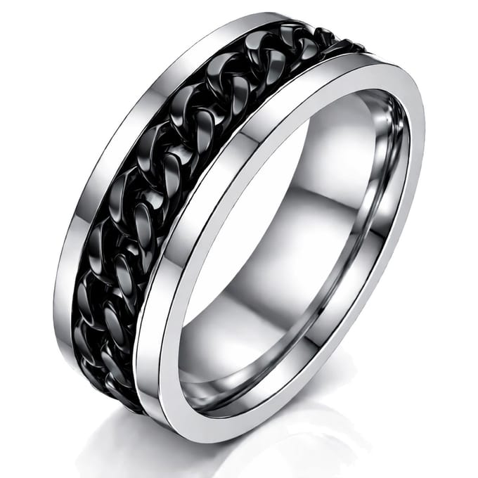 Stalen herenring met Cubaanse zwarte ketting-18mm