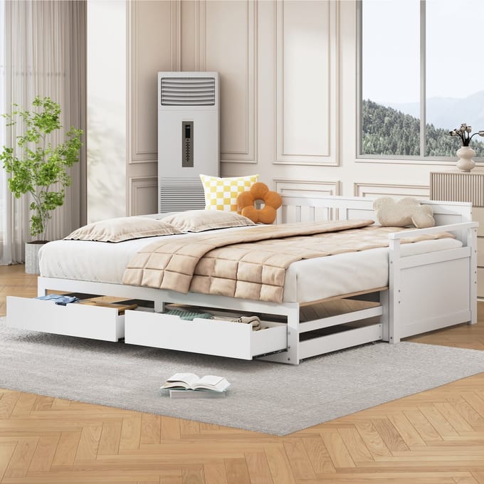 Slaapbank - 90(180)x190 cm - met Uitschuifbed en Laden - Grenenhout - Wit