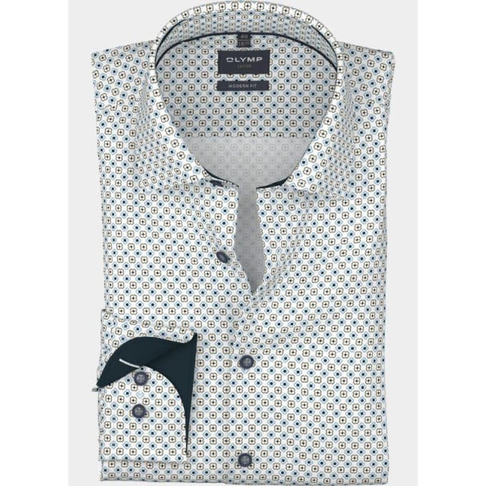 OLYMP Luxor modern fit overhemd - dobby - wit met blauw dessin