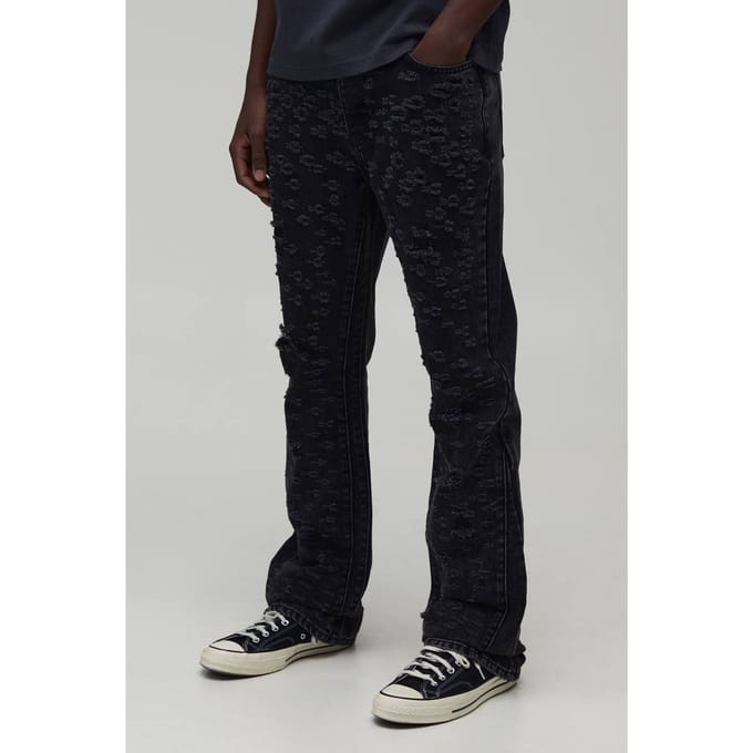 Volledig Gescheurde Gestapelde Gusset Slim Flared Jeans | Charcoal | Size 30R
