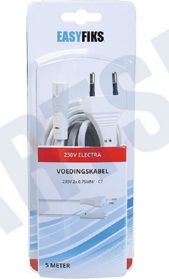 Easyfiks Netvoedingskabel Voedingskabel C7, 230V, 5 Amp 5.0 Meter, 2x0.75mm2 Wit