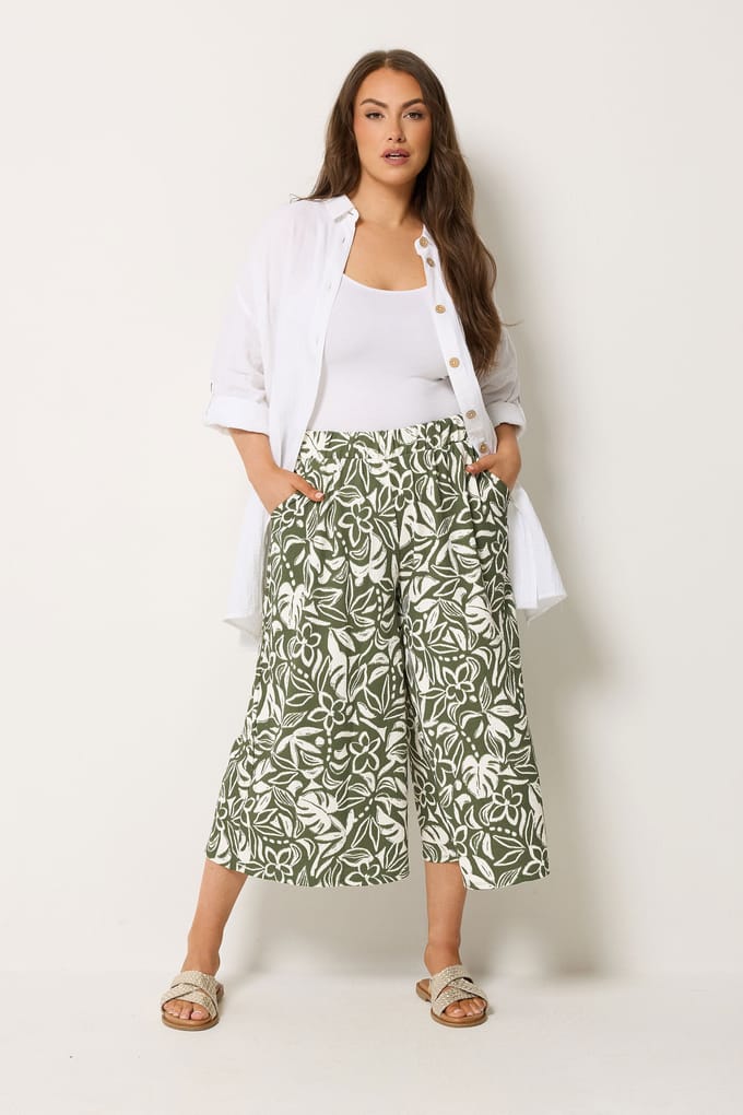 Yours Kakigroene Culotte Met Bladprint Size 58-60