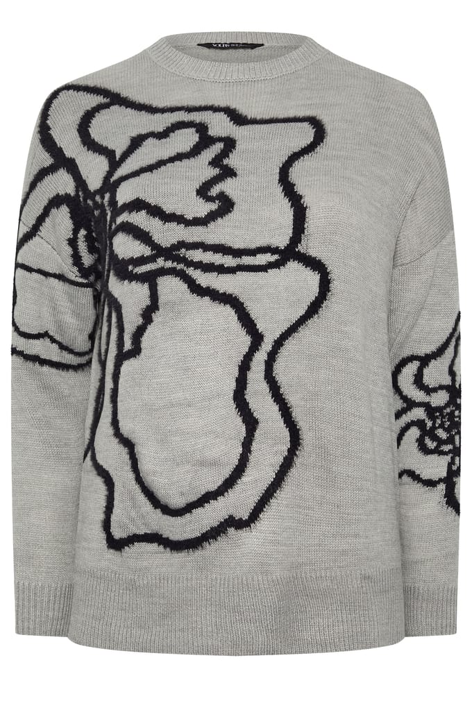 Yours Curve Gebreide Trui Met Bloemen In Gemêleerd Grijs Size 50-52