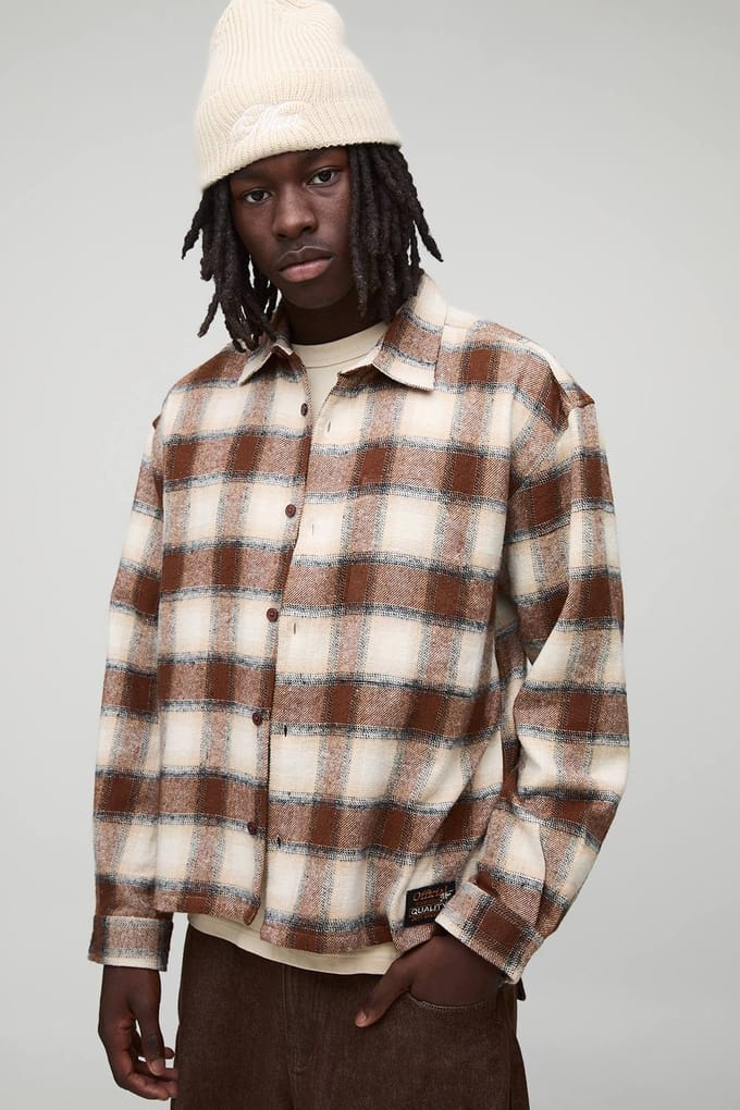 Oversized Boxy Geborsteld Geruit Badge Carpenter Overshirt | Tan | Size Medium