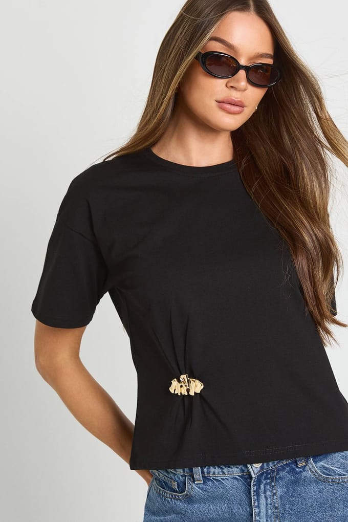 boohoo Dames Oversized T-shirt met gouden trimdetail | Black | Maat: 8