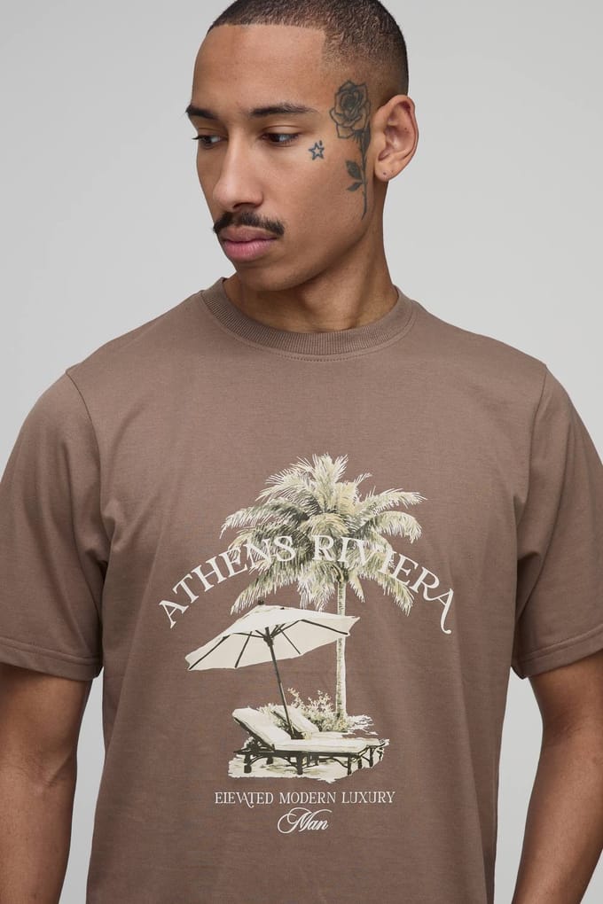 Shrunken Athens Riviera Embroidered T-Shirt | Brown | Size Small