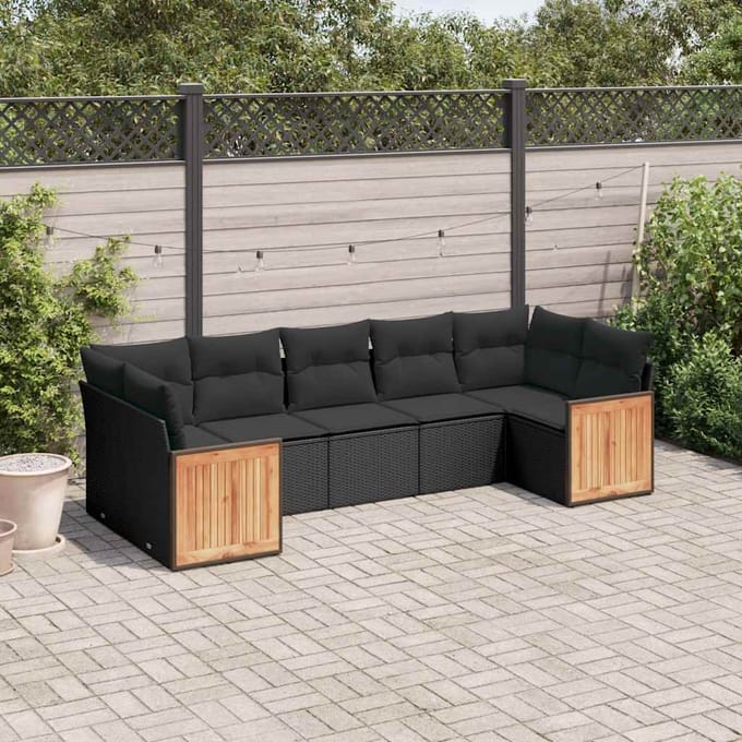 vidaXL - 7-delige - Loungeset - met - kussens - poly - rattan - zwart