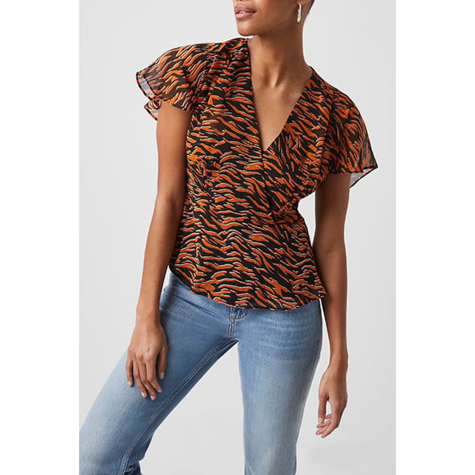 French Connection Iger Crinkle Mix V Neck Top Orange Größe: 8 | Blusen Outlet | Damen | Orange