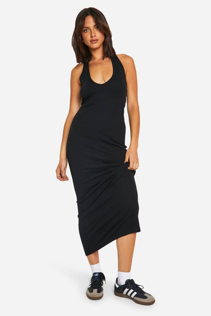 boohoo Dames Basic Rib Plunge Halter Maxi Jurk | Black | Maat: 8