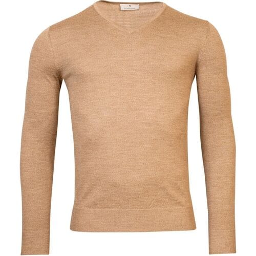 Thomas Maine Trui V-Neck Single Knit Merino Wool Licht Camel / male