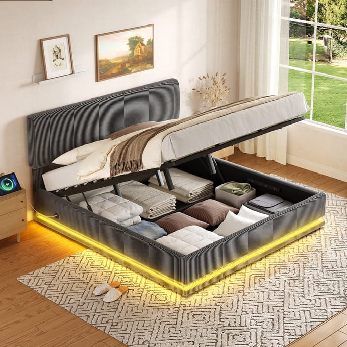 Gestoffeerd Bed - 180x200 cm - Modern met LED - USB-C en Opbergruimte - Ribfluweel - Grijs
