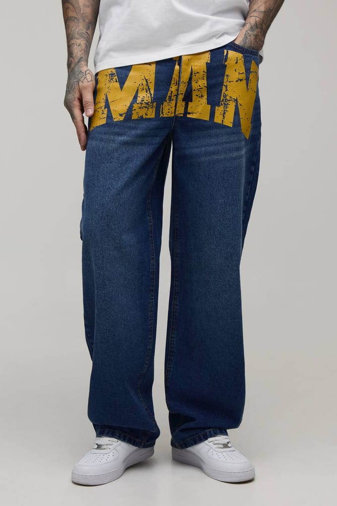 Tall Relaxed Rigid Man Print Denim Jeans | Mid Blue | Size 46