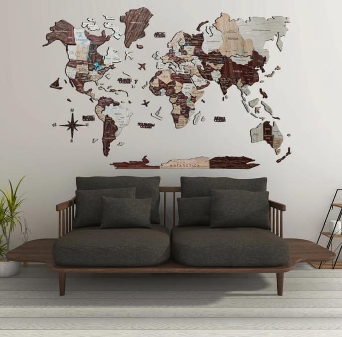 Houten Wereldkaart 3D - Cappuccino - M (100 x 60 cm)