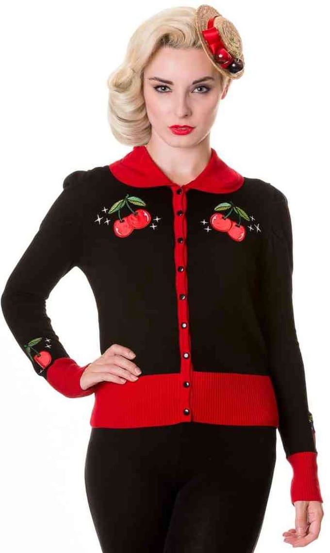Dancing Days - BLACK RED VINTAGE CHERRY Cardigan - XL - Zwart/Rood