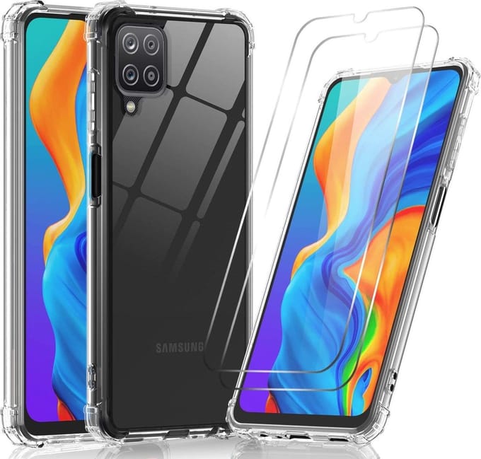 Anti-Shock silicone hoesje met 2 Pack Tempered glas Screen Protector Geschikt voor: Samsung Galaxy A12