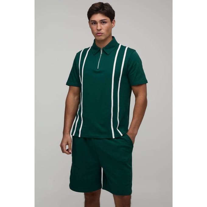 Regular Fit Polo & Jersey Short Set Met Rits En Strepen | Forest | Size Medium