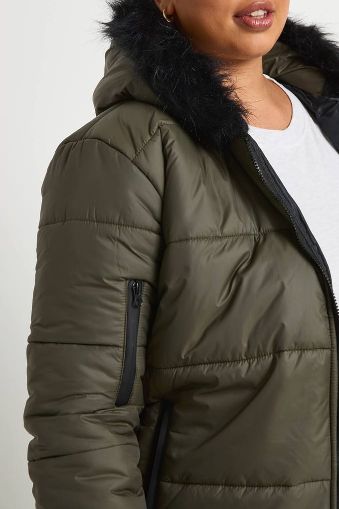 boohoo Dames Plus Faux Fur Trim Parka | Kaki | Maat: 46