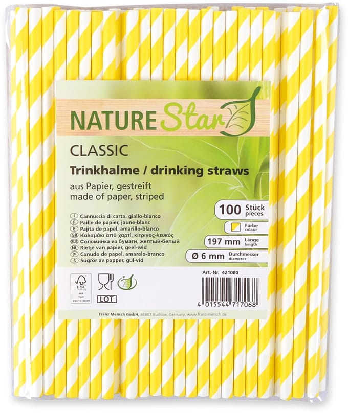 NATURE Star papieren rietjes classic gestreept geel/wit 197mm