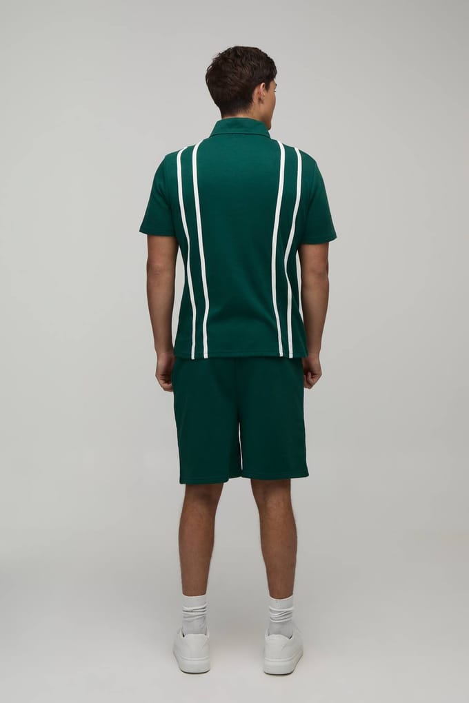 Regular Fit Polo & Jersey Short Set Met Rits En Strepen | Forest | Size Medium