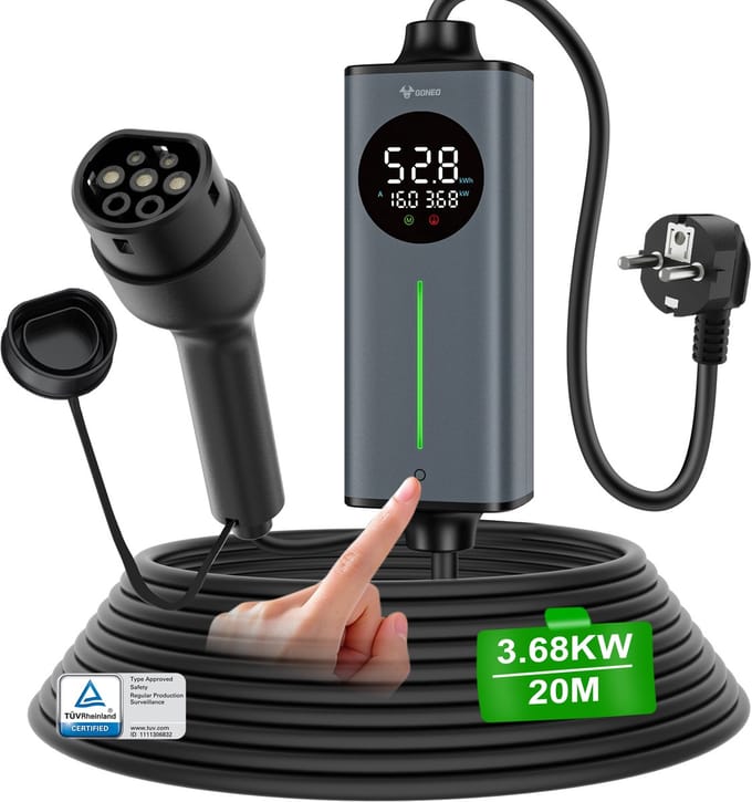 GONEO Draagbare EV-lader Type 2 Schuko Stekker voor EV/PHEV, Timer Snelladen Slimme Temperatuurregeling, Dubbele FI-bescherming, Automatische Aardingsdetectie
