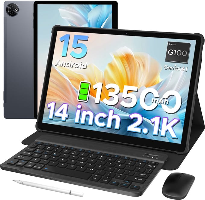 Doogee TAB E3 Max VIP - Tablet - 48 GB RAM + 256 GB ROM /TF 2TB -MTK Helio G100 - 14 inth Ips - Android 16 - 13500mAh - 4G LTE - 5G WLAN - Vier luidsprekers - GPS - Grijs