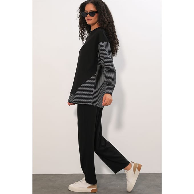 Gestreepte Lange Crew Neck Twee-Delige Coördineer Set