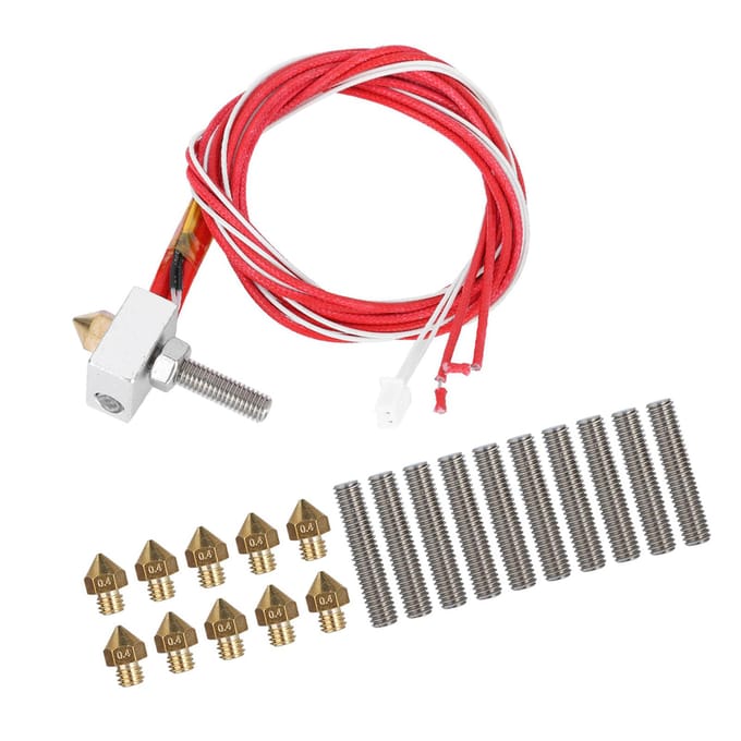 3D Printer Extruder with Aluminum Heating Block 10pcs Line Pipe (30mm) and 10pcs 0.4mm nozzle red
