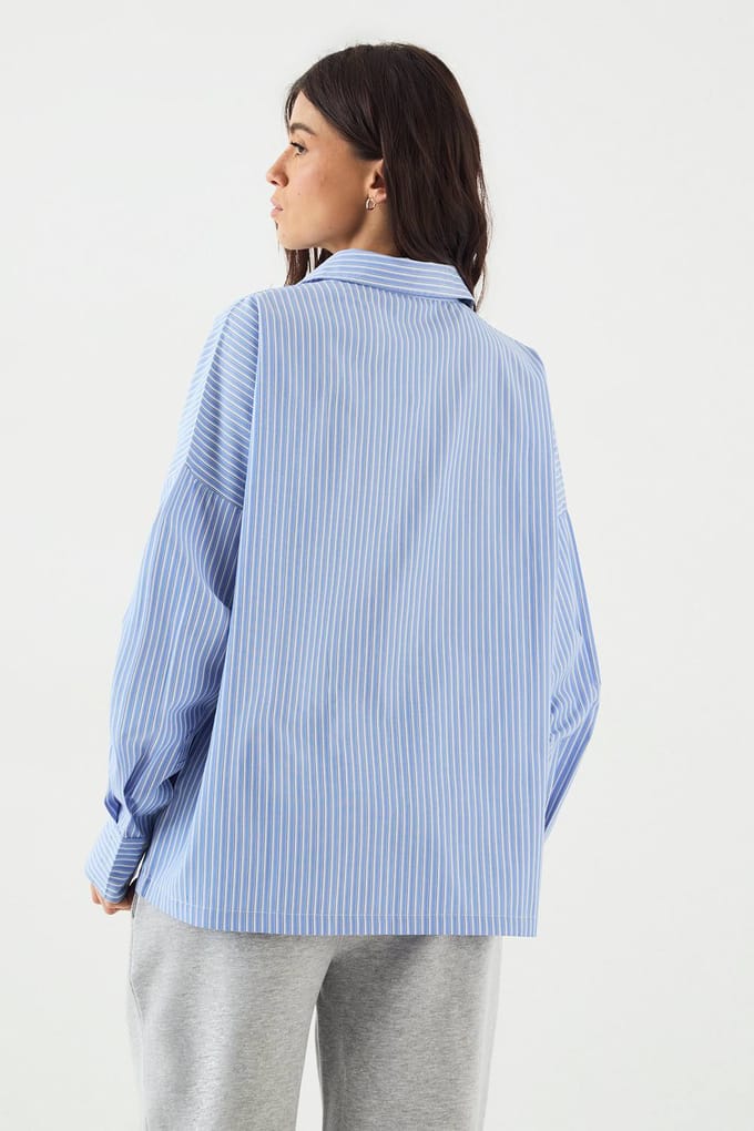 Dames DSGN Studio Oversized Katoenen Poplin Gestreept Overhemd | Blue | Maat: 2XL