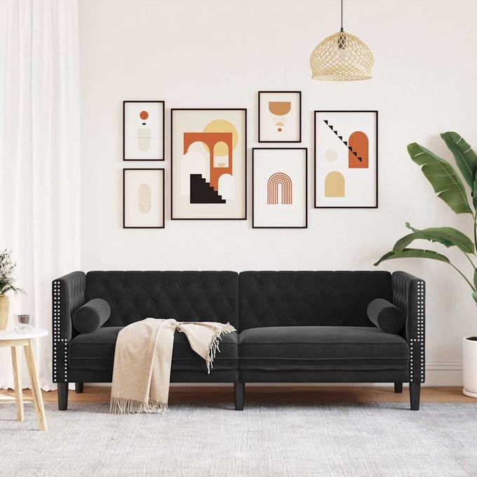 vidaXL - Driezitsbank - Chesterfield-stijl - met - bolsters - fluweel - zwart
