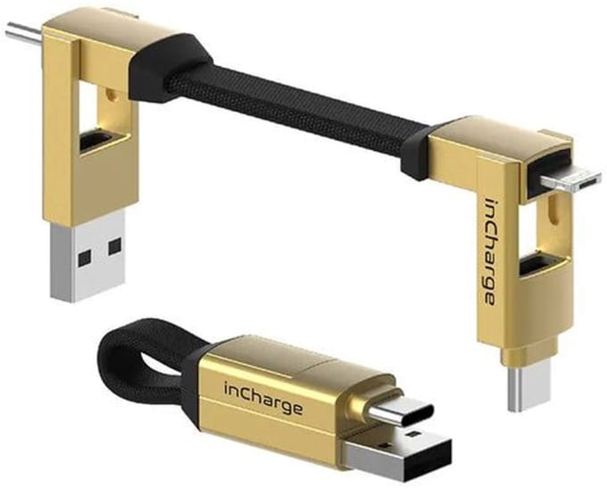 Rolling Square inCharge 6 - 6-in-1 Korte Oplaadkabel 9 cm - USB-C, Lightning & Micro-USB - Universele Oplaadkabel voor iPhone, iPad, Android & Laptop - Goud