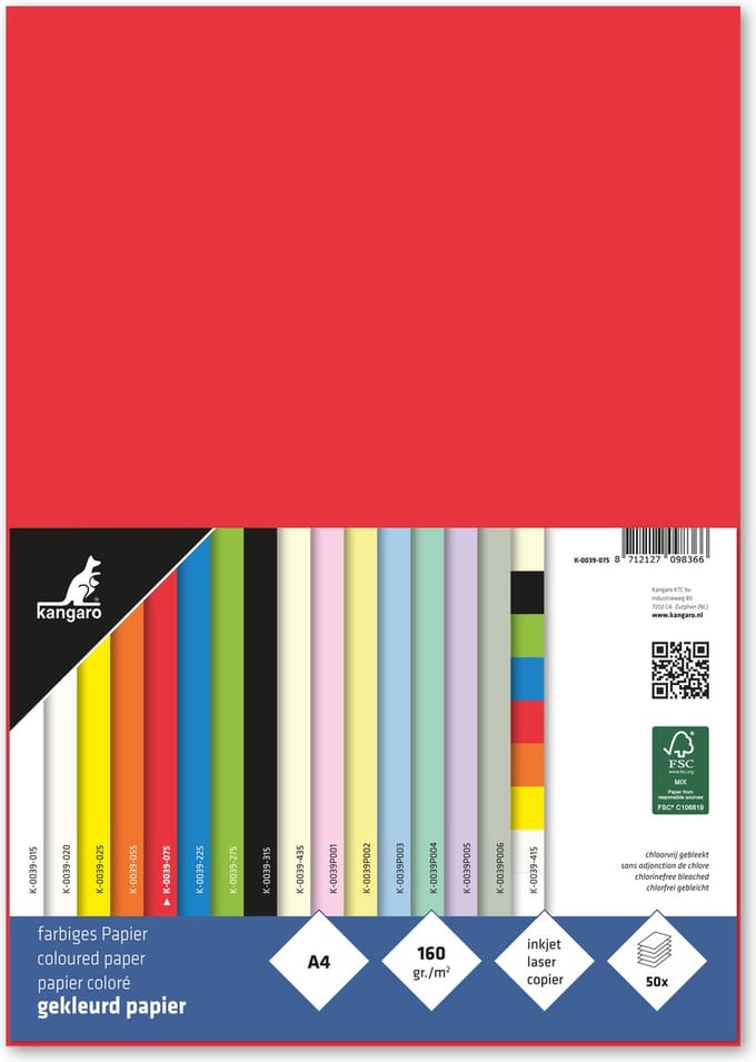 Kangaro papier - A4 - 160 gram FSC - pak 50 vel - rood