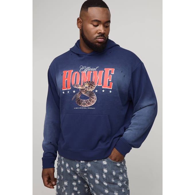 Plus oversized boxy Heren Western Spray Wash Distressed Hoodie | Navy | Size 4XL