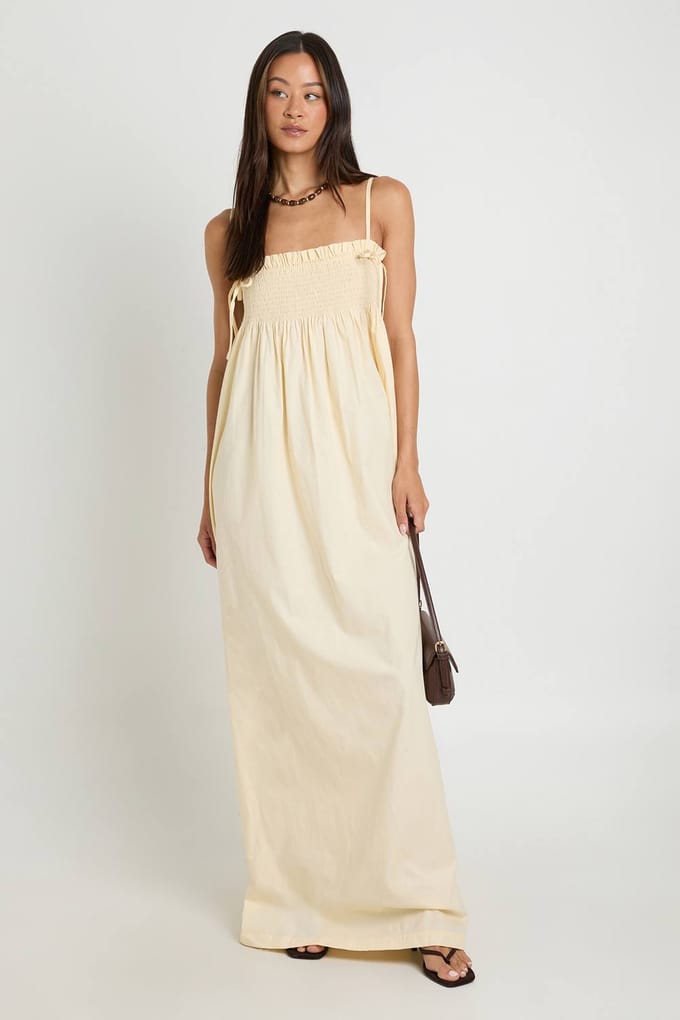 boohoo Dames Lange Maxi Smock Jurk Met Gerimpeld Detail | Lemon | Maat: 18