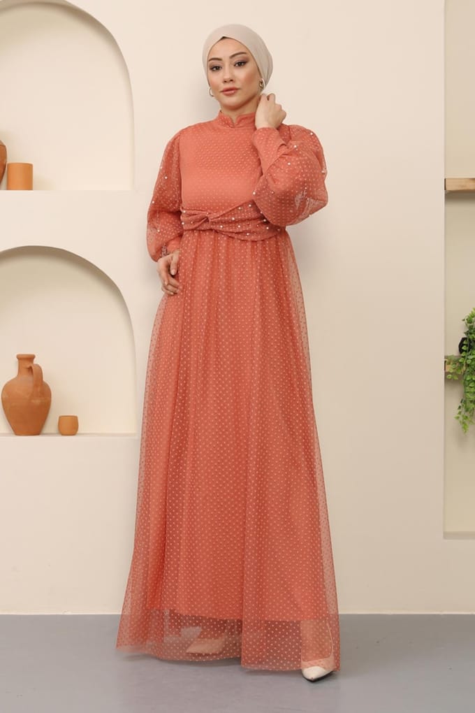 Parel Detailed Tule Avondjurk Zalm