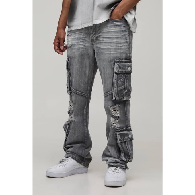 Crease Wash Slim Flare Cargo Jeans | Ice Grey | Size 46R