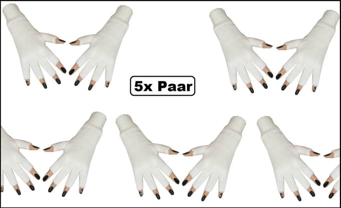 5x Luxe Paar witte handschoenen vingerloos - Themafeest optocht carnaval winter