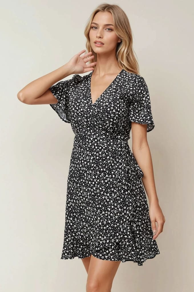Ditsy Bloemenpatroon V-Hals Viscose Minijurk