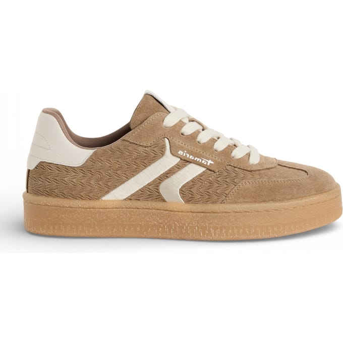 Tamaris dames sneakers van taupekleurig leer met witte strepen