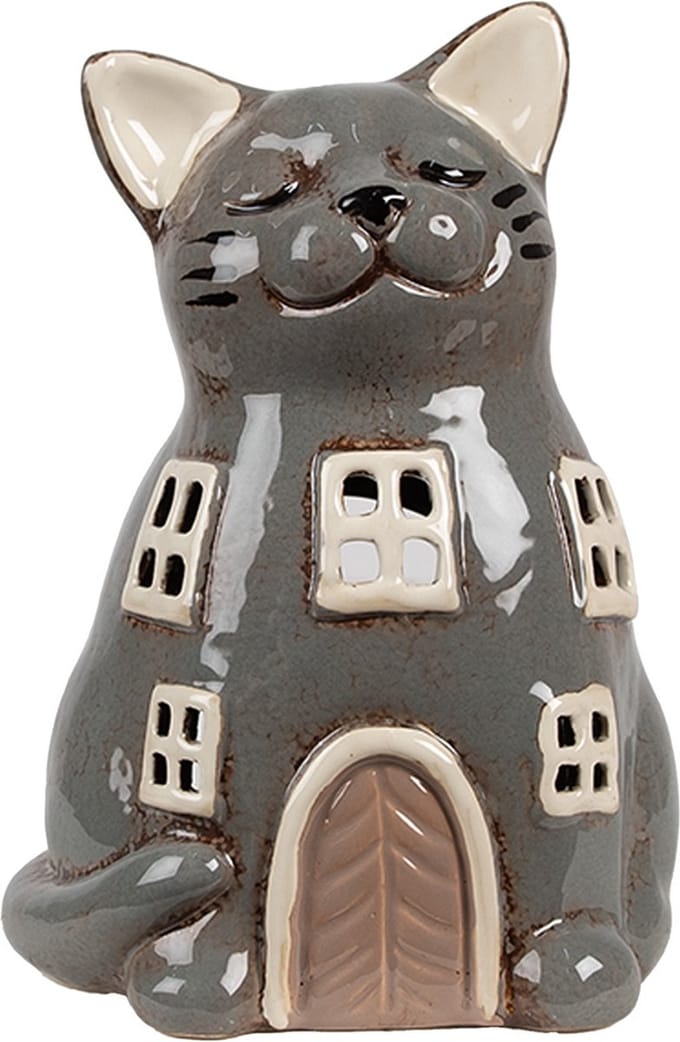 Clayre & Eef Waxinelichthouder Kat 15x12x21 cm Grijs Keramiek Theelichthouder