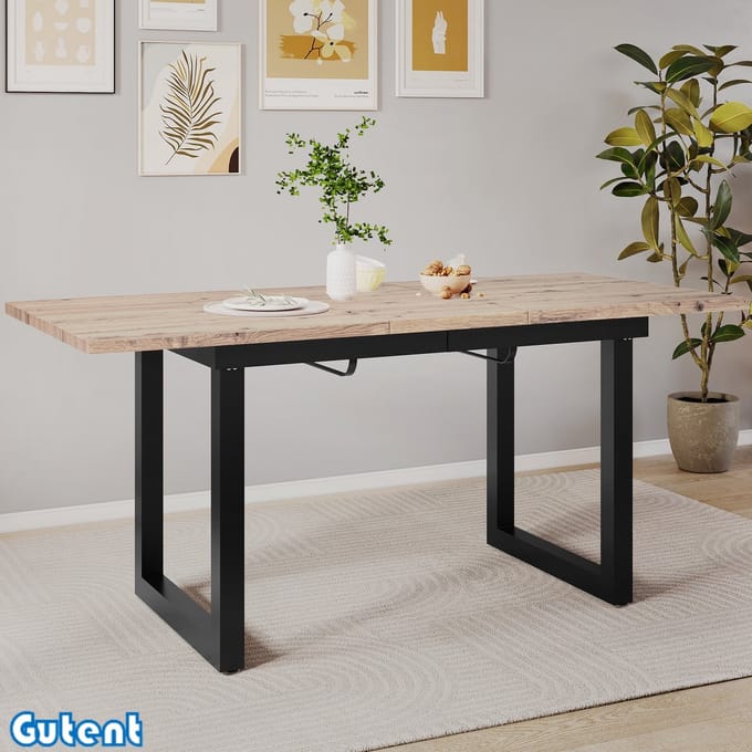 Gutent Uitschuifbare eettafel-L140/180*B80*H75-Industriële stijl-Rechthoekig-Iron eettafel-MDF-Eiken+Zwart