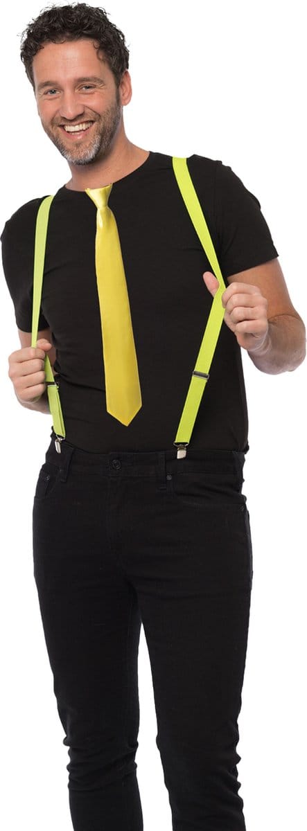 Carnaval verkleedset bretels en stropdas - geel - volwassenen/unisex - feestkleding accessoires
